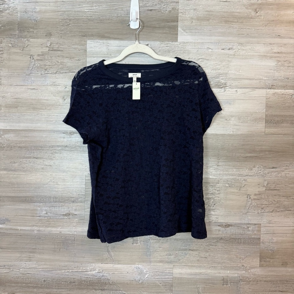 Aerie Navy Lace Short Sleeve Top
